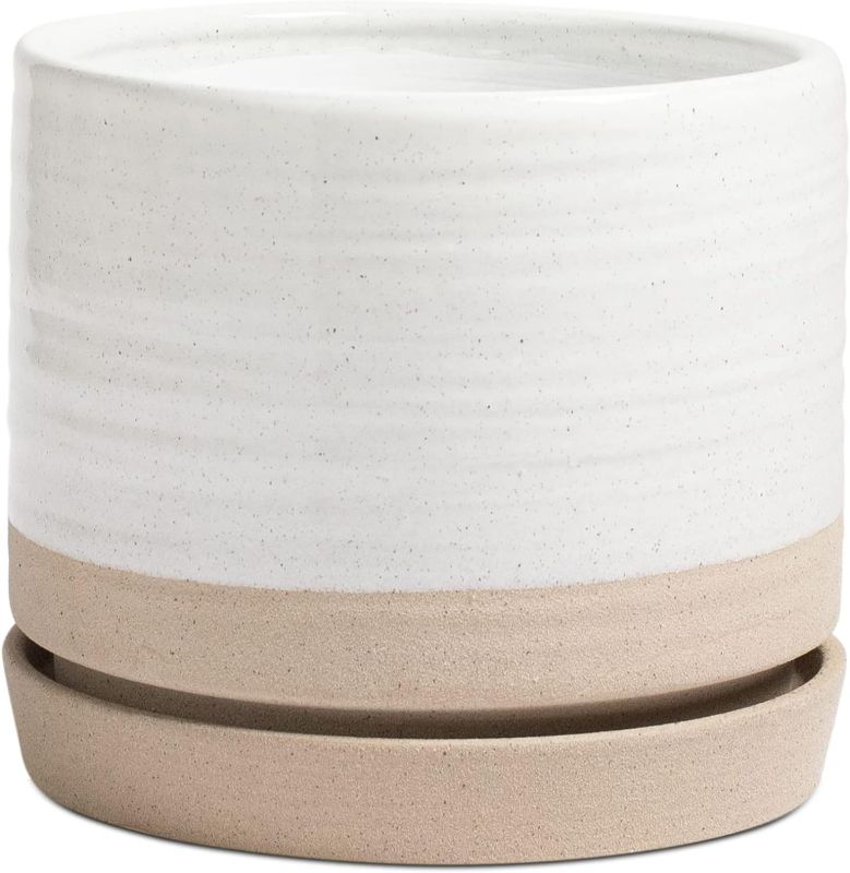 Photo 1 of 8 Inch Pots for Plants, Ceramic Planter Pot with Drainage Hole & Saucer, Indoor or Outdoor Cylinder Round Planter Pot, Matte White & Beige