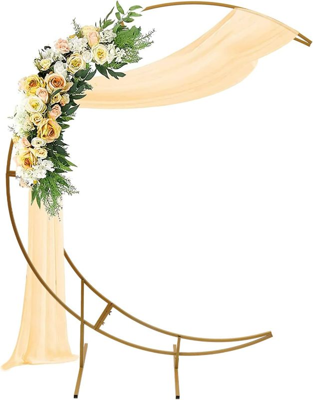 Photo 1 of Crescent Moon Wedding Arch Stand,Carbon Steel Wedding Arch Curved Flower Balloon Frame with Rectangular Base for Wedding,Birthday,Event Decor,Bridal Shower (7FT-Gold)