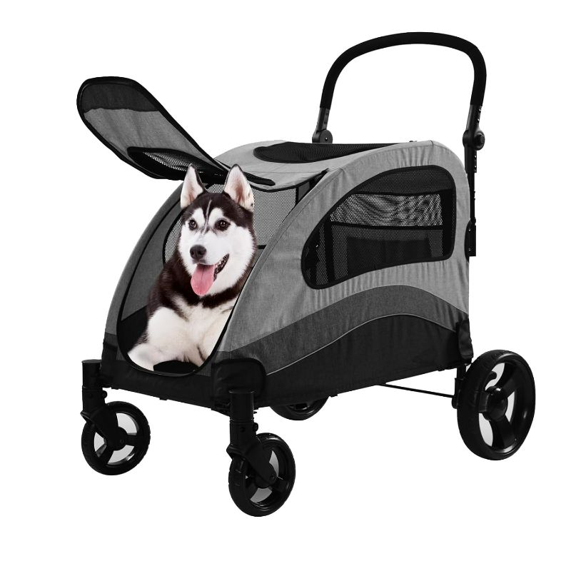 Photo 1 of Large Dog Stroller-4 Wheel Pet Stroller Suitable for Medium to Large Dogs or 2 Dogs,Foldable Dog Stroller,132lbs Capacity,for Park or Travel,Grey