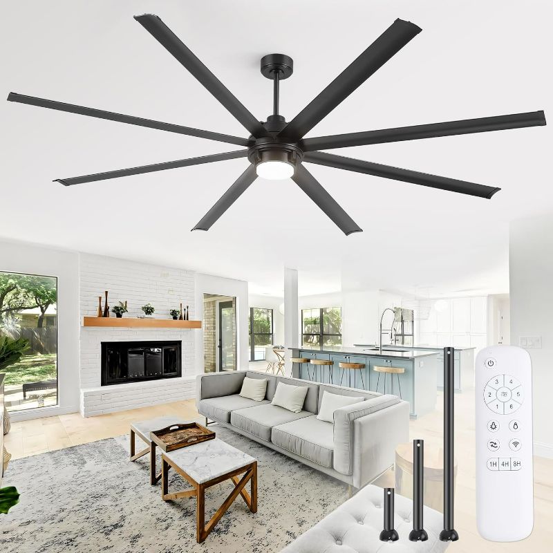 Photo 1 of 96 inch Large Ceiling Fan Outdoor Industrial Ceiling Fan with Light and Remote, 6-Speed, 3CCT, 8 Aluminum Blades, Modern Black Big Assed Ceiling Fans for Patios Garage Shop Porch Indoor