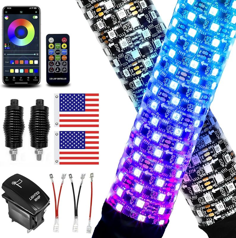 Photo 1 of 2 Pack 2FT Fat Whip Lights, LED Whip Lights with App & Remote Control, Spiral RGB Chasing Lighted Antenna Whips with Rocker Switch, Music Whip Light for SXS UTV ATV RZRCan-Am X3 Off-Road