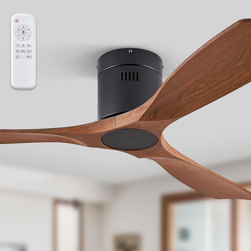 Photo 1 of 52" Ceiling Fans without Lights, Flush Mount Ceiling Fan with Remote Control Modern,Low Profile Ceiling Fans with 6-Speeds Reversible DC Motor for Patio Living Room Bedroom(Walnut)