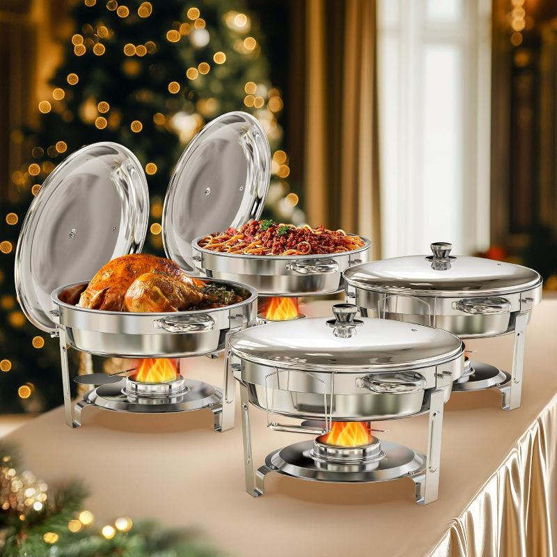 Photo 1 of Chafing Dishes for Buffet 5QT, [95% Pre-Assembled] Round Chafing Dish Buffet Set w/Lid Holder, Stainless Steel Chafers and Buffet Warmers Sets for Parties, Wedding, Camping, Dinner (4)