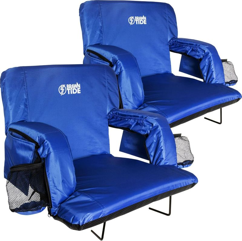 Photo 1 of BRAWNTIDE Stadium Seat with Back Support - Comfy Cushion, Thick Padding, 2 Steel Bleacher Hooks, 4 Pockets, 2 Cup Holders, Reclining Back, Ideal Chair for Sport Events, Beaches, Camping, Concerts