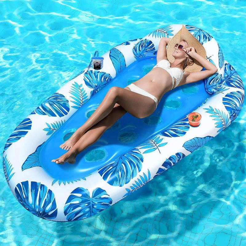 Photo 1 of Inflatable Pool Floats Adult, Large Pool Lounger Float Raft with Headrest Cup Holders, Sun Tanning Pool Floaties for Adults Swimming Pool Lake Beach Party