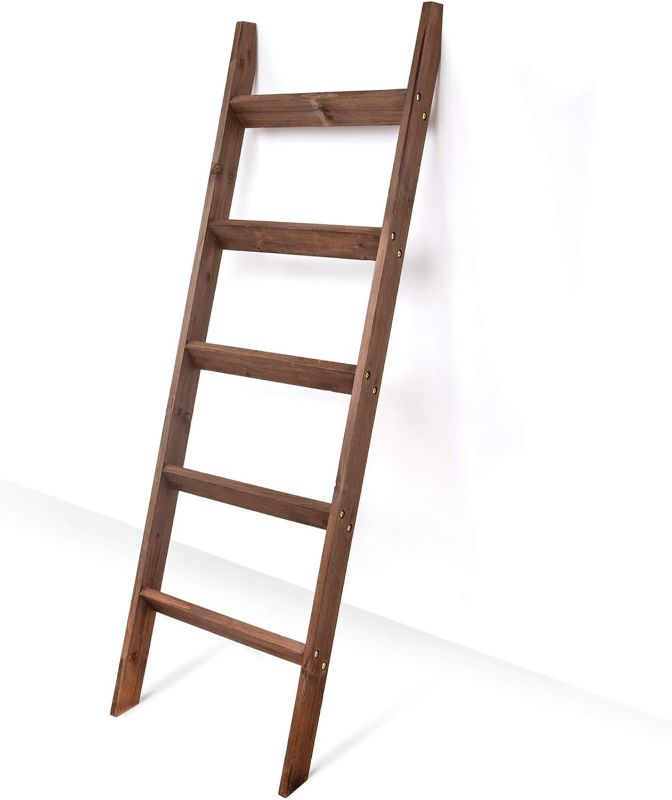 Photo 1 of Hallops 5 ft Premium Wood Rustic Ladder Shelf, Brown, Wall Mount