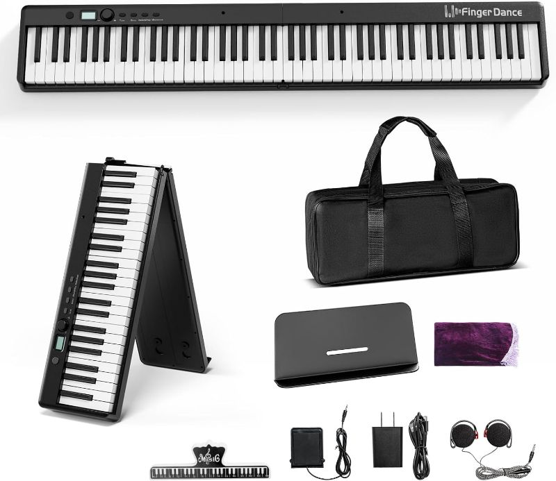 Photo 1 of Finger Dance Folding Piano Keyboard 88 Keys, Portable Electric Keyboard with Bluetooth MIDI, Full Size Digital Piano, Wood Grain, Semi-Weighted, Touch Sensitive, with Storage Bag for Beginner