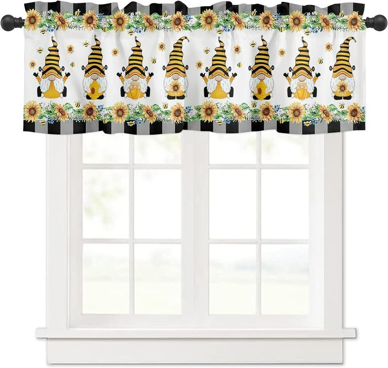 Photo 1 of 1 Pcs Window Valance Rod Pocket Short Curtain Panels Farm Bee Gnomes with Honey Sunflower Kitchen Valances Curtains,Country Floral Lace Buffalo Plaid Edge Window Treatments Drapes for Bedroom 54x18in
