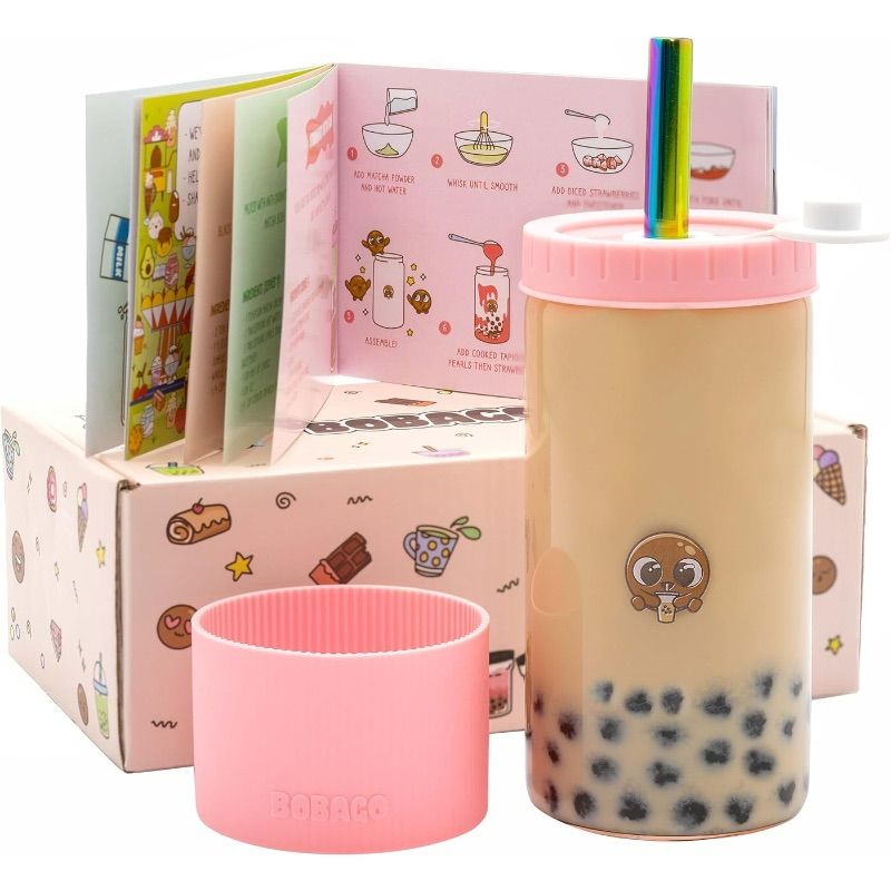 Photo 1 of BobaGO Reusable Boba Cup with Straw, Bubble Tea Cup with Recipe Book, Reusable Boba Cups with Lid, Boba Mugs, 17oz (Sky PINK, 20oz)