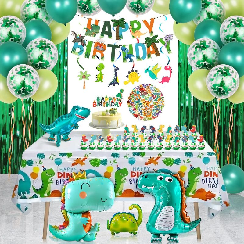 Photo 1 of 125 Pcs Dinosaur Birthday Party Supplies With Dino Balloons Happy Birthday Banner Hanging Swirls Green Backdrop etc
