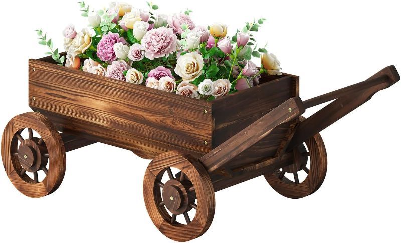 Photo 1 of PULIJIA Wooden Wagon Planter Outdoor Garden Planter, Trolley Decoration Succulent Flower cart, Indoor Outdoor Backyard Balcon Decor cart with Wheels, Planter for Patio. (HC-L)
