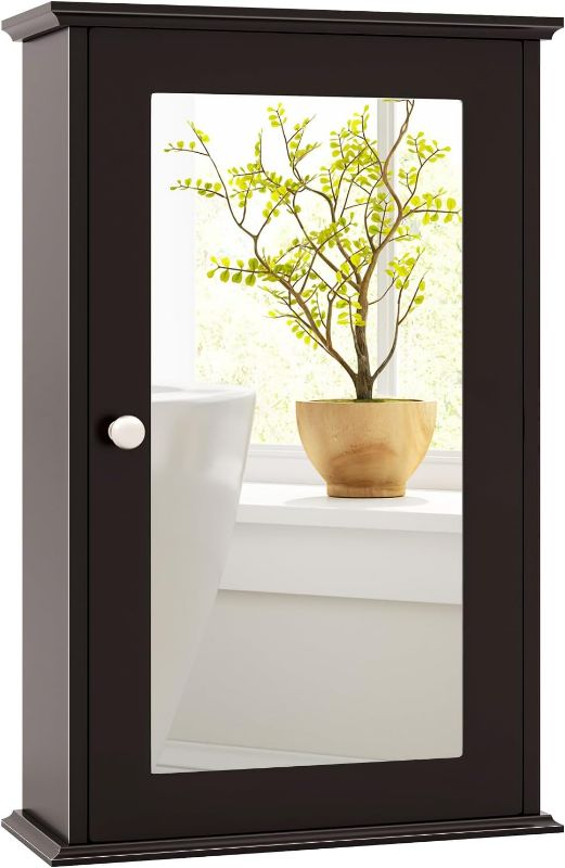 Photo 1 of Tangkula Bathroom Medicine Cabinet with Mirror, Wall Mounted Single Mirror Door Storage Cabinet w/Adjustable Shelf, Wall Cabinet w/Reversible Door for Bathroom Living Room Hallway (black Brown)
