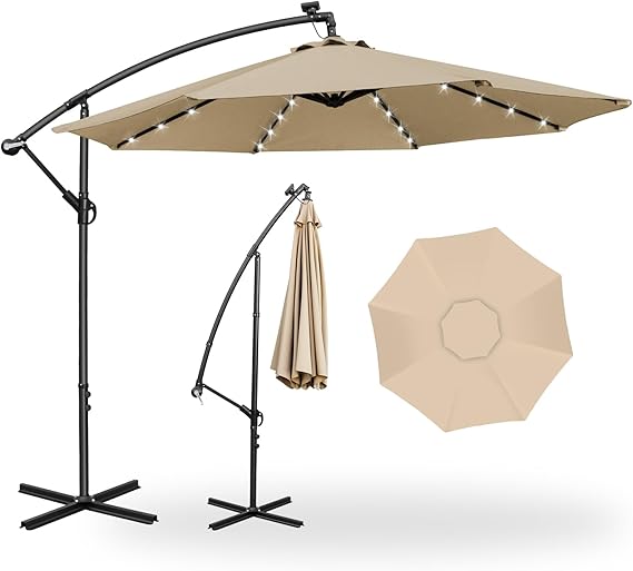 Photo 1 of 10ft Solar LED Offset Patio Umbrella, Aluminum Polyester Solar Umbrella with w/Tilt Adjustment for Backyard and Poolside - Enhanced Outdoor Ambiance and Shade (tan)