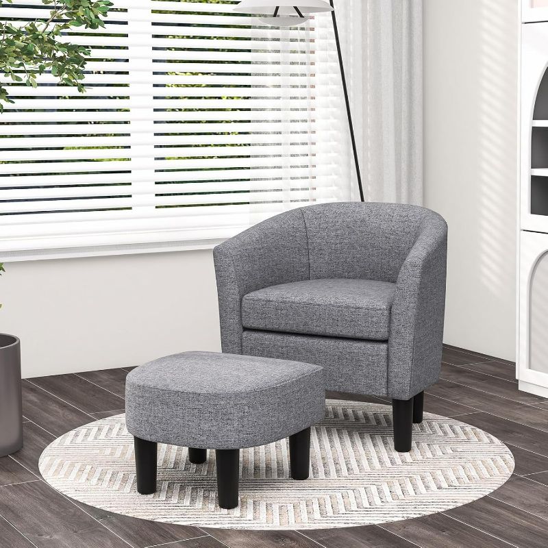 Photo 1 of Giantex Modern Accent Chair with Ottoman, Linen Fabric Armchair w/Footrest, Curved Back & Removable Seat Cushion, Upholstered Barrel Club Chair for Living Room, Bedroom, Office, Reading Room (Grey)