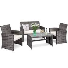 Photo 1 of Tangkula 4 PCS Wicker Patio Conversation Set, Outdoor Rattan Sofas with Table Set, Patio Furniture Set with Soft Cushions & Tempered Glass Coffee Table for Poolside Balcony (grey)