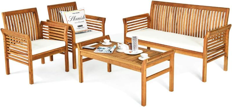 Photo 1 of Tangkula 4 Piece Outdoor Acacia Wood Sofa Set with Water Resistant Cushions, Padded Patio Conversation Table Chair Set w/Coffee Table for Garden, Backyard, Poolside (1)