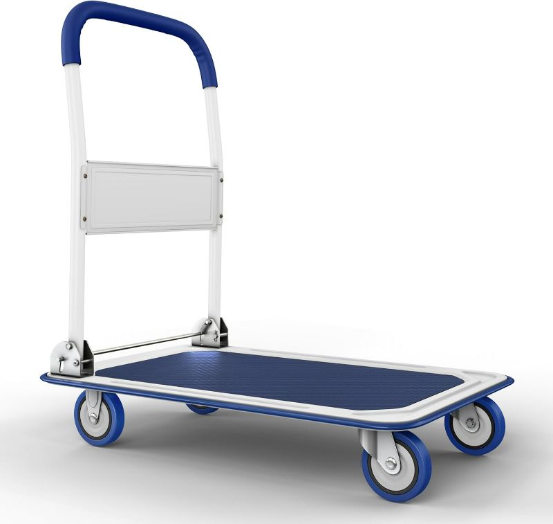 Photo 1 of Upgraded Foldable Push Cart Dolly | 330 lbs. Capacity Moving Platform Hand Truck | Heavy Duty Space Saving Collapsible | Swivel Push Handle Flat Bed Wagon - Blue