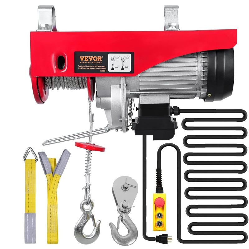 Photo 1 of Happybuy 440 lbs Lift Electric Hoist, 110V Electric Winch with Zinc-Plated Steel Wire, 39.4 ft Lifting Garage Lift Hoist with 14ft Remote Control for Garage, Factories, Warehouses,Verandahs