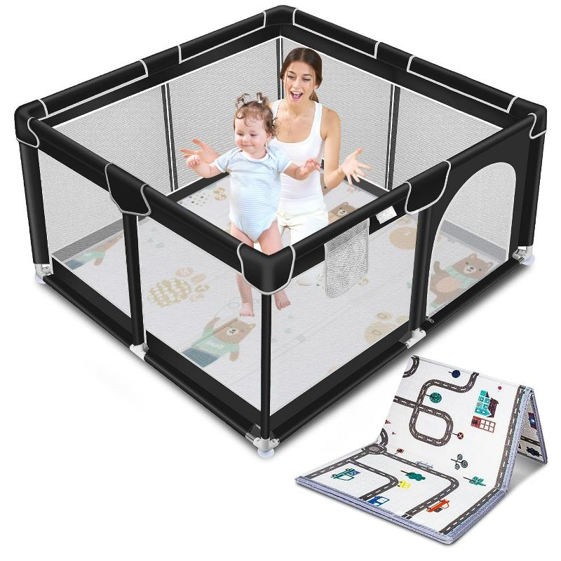 Photo 1 of Suposeu Baby Playpen with Anti-Slip Mat for Indoor and Outdoor Playard Kids Activity Center with Gate, Portable Baby Fence Area for Babies and Toddlers, Black