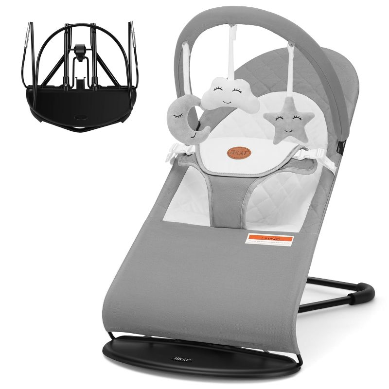 Photo 1 of HKAI Baby Bouncer, Portable Baby Bouncer Seat for Babies 0-18 Months, 100% Cotton Fabrics, 3 Modes of use with Rocker and Stationary Options, Infant Rocker Chair with Hanging Toys-Light Grey