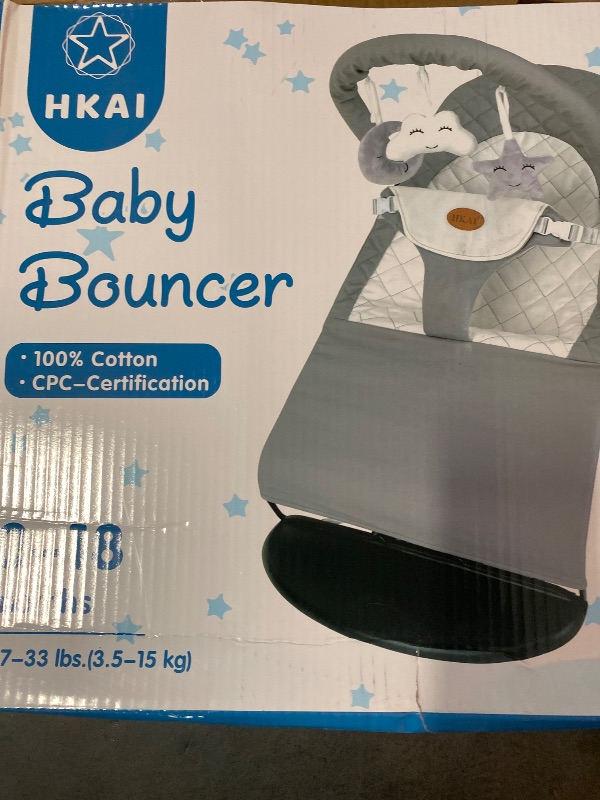 Photo 3 of HKAI Baby Bouncer, Portable Baby Bouncer Seat for Babies 0-18 Months, 100% Cotton Fabrics, 3 Modes of use with Rocker and Stationary Options, Infant Rocker Chair with Hanging Toys-Light Grey