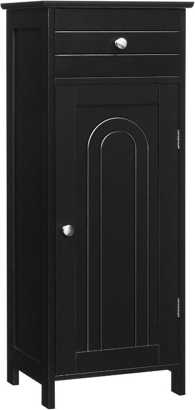 Photo 1 of Tangkula Bathroom Floor Cabinet, Wooden Side Storage Organizer, Free-Standing Single Door Floor Storage Cabinet with Large Drawer & 2 Adjustable Shelves for Living Room Kitchen (Black)