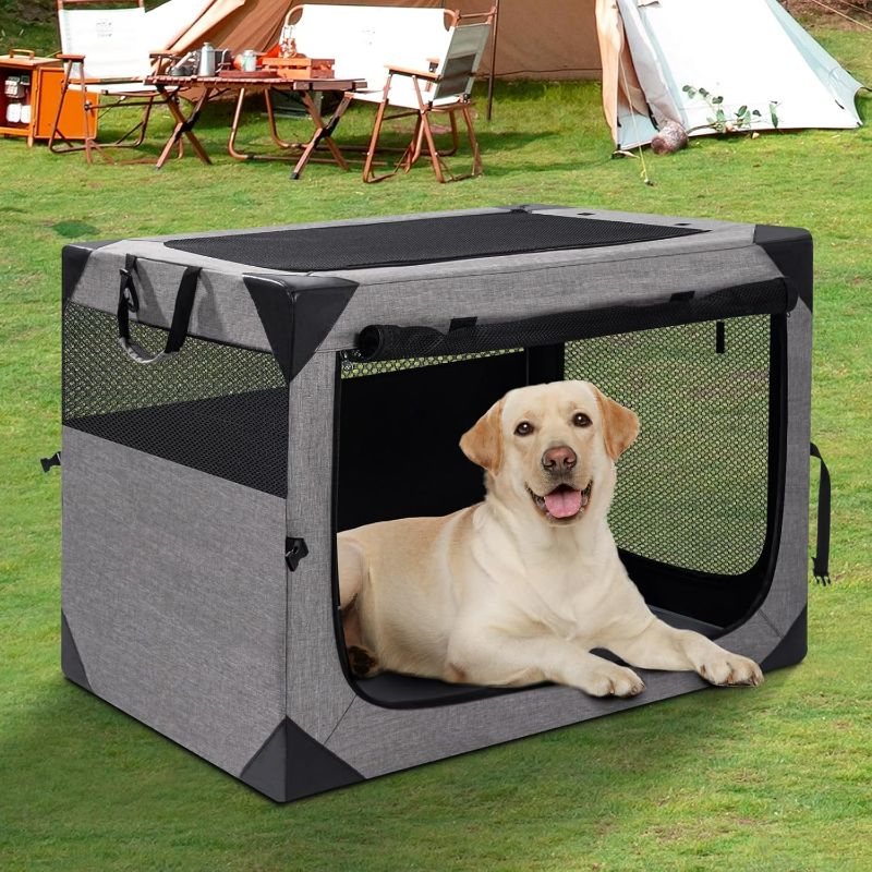 Photo 1 of 30 Inch Portable Travel Dog Crate, 3 Door Collapsible Soft Pet Kennel with Durable Mesh Windows for Medium Dogs, Foldable Dog Cage with Storage Pocket for Outdoor (Light Grey)