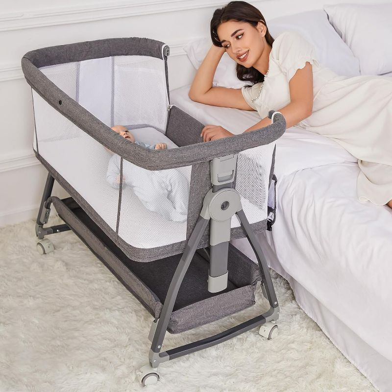 Photo 1 of 3 in 1 Baby Bassinet Bedside Sleeper, Bedside Bassinet for Baby, Rocking Bassinet with Wheels, Height Adjustable Bedside Crib for Newborn with Mattress, Storage Basket, Mosquito Net (Grey)