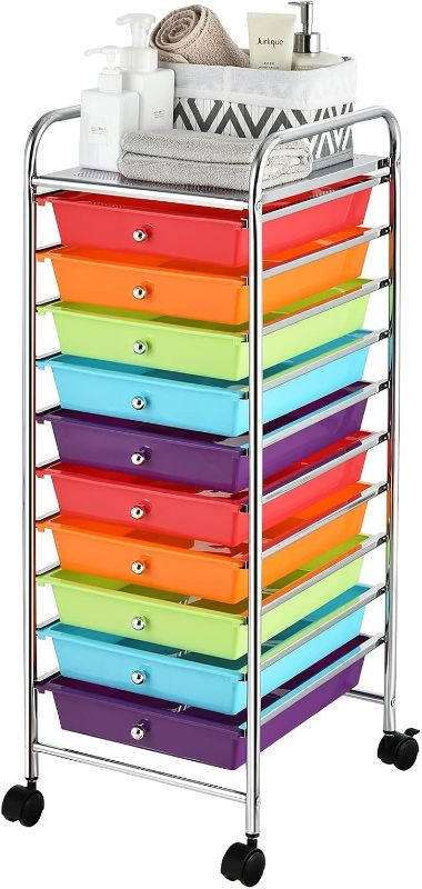 Photo 1 of Storage Cart, Rolling Utility Cart with 10 Drawers, Portable Handles & Lockable Wheels, Mobile Paper Toys Storage Organizer Large Capacity for Home Office School Teacher (Multi-Color)