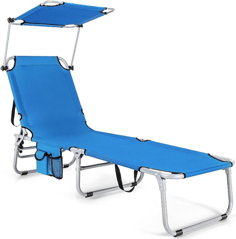 Photo 1 of Goplus Tanning Chair, Foldable Beach Lounge Chair with 360°Canopy Sun Shade, Side Pocket, 5-Position Adjustable Outdoor Chaise Lounge Chair for Patio Pool Yard Lawn (1, Blue)