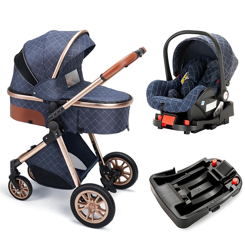 Photo 1 of Luxurious Baby Stroller with Infant Carrier, Baby Carriage with Detachable Bassinet for Newborn (B-Navy Blue(with Base))