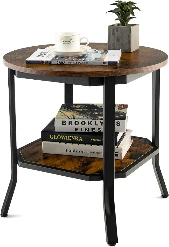 Photo 1 of Giantex Round End Table, Industrial Nightstand w/Storage Shelf, Small Farmhouse Rustic Coffee Table w/Steel Frame & Wood Grain, 2-Tier Vintage Side Table for Living Room, Bedroom, Office