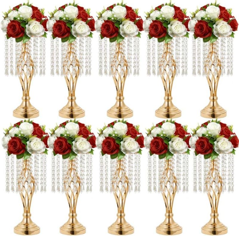 Photo 1 of 10pcs 16.14Inch Wedding Gold Flower Centerpieces Crystal Metal Flower Vase Wedding Centerpieces for Tables Decorations (16.14 Inch)