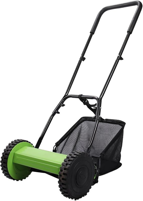 Photo 1 of 12-Inch Push Reel Lawn Mower: Eco-Friendly, Precision Steel Blades, Adjustable Heights & Efficient Grass Catcher, Green