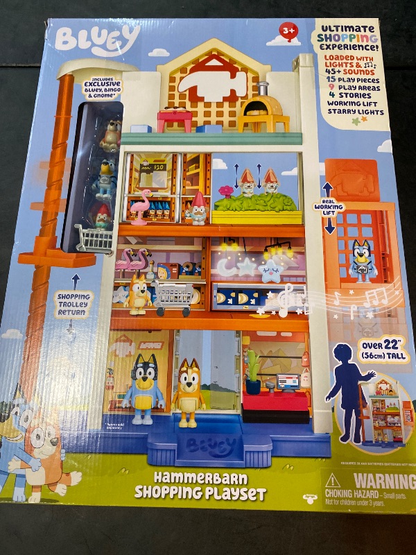 Photo 3 of Bluey Hammerbarn Shopping Playset, 4 Level, 22" Tall Playset with Working Lift and Trolley Return, Including Lights and 45+ Sounds