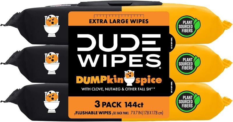 Photo 1 of DUDE Wet Wipes- Flushable - DUMPkin Spice with Clove, Nutmeg, and Other Fall Pumpkin Spice Scents - Septic and Sewer Safe Butt Wipes For Adults, Extra Large - 3 Pack, 144 Wipes