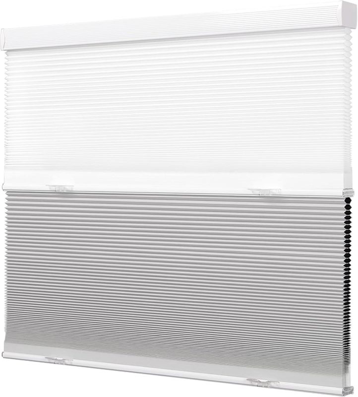 Photo 1 of Boolegon Day Night Cellular Shades Cordless Blackout/Light Filtering 2 Shades in 1 Honeycomb Blinds Top Down Bottom Up Custom Cut to Size Cellular Blinds for Windows, Custom Size, White.