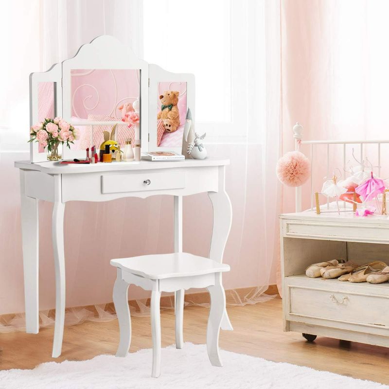 Photo 1 of Costzon Kids Wooden Vanity Table & Stool Set, 2 in 1 Detachable Design with Dressing Table and Writing Desk, Princess Makeup Dressing Table with Two 180° Folding Mirror, for Girls, Kids (White)