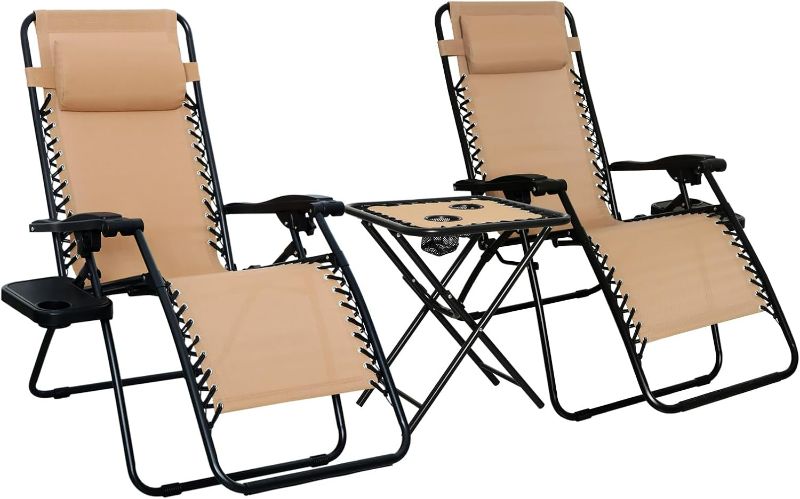 Photo 1 of Amazon Basics Outdoor Mesh Adjustable Zero Gravity Lounge Chair Recliners with Side Table, 35 x 26 x 43 inches, Beige