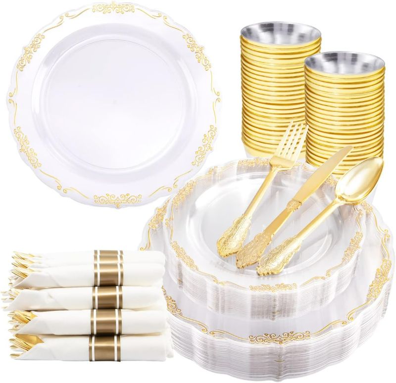 Photo 1 of U-QE 175 Pieces Gold Plastic Plates and Napkins Party Supplies - Thanksgiving Dinnerware Set 25 Guest - 25 Dinner Plates, 25 Dessert Plates, 25 Per Rolled Napkins with Gold Cutlery, 25 Cups 9 OZ