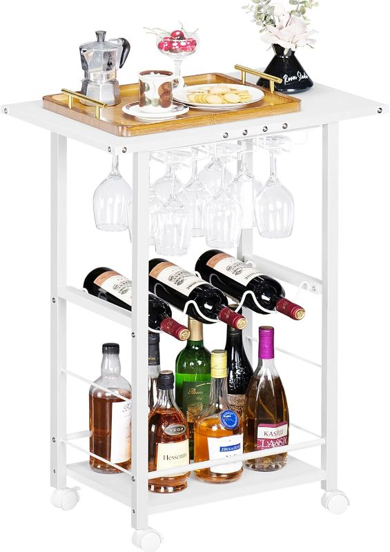 Photo 1 of Bar Carts for The Home, 3-Tier Bar Cart with Wheels, Wine Cart, Drink Cart, Rolling Beverage Cart with Wine Rack and Glass Holders, Serving Cart for Kitchen, Living Room, Dining Room, White