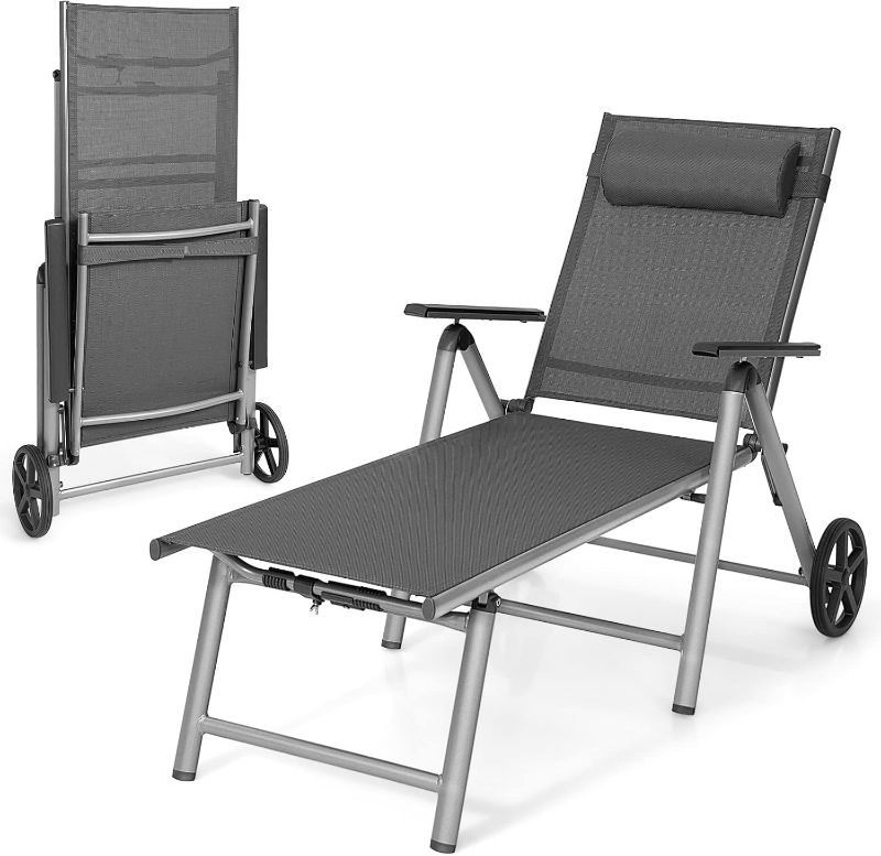 Photo 1 of HAPPYGRILL Patio Lounge Chair with Wheels, Adjustable 7-Position Chaise Lounge Chair with Rustproof Aluminum Frame & Comfortable Headrest, Outdoor Reclining Chair for Patio Poolside Backyard