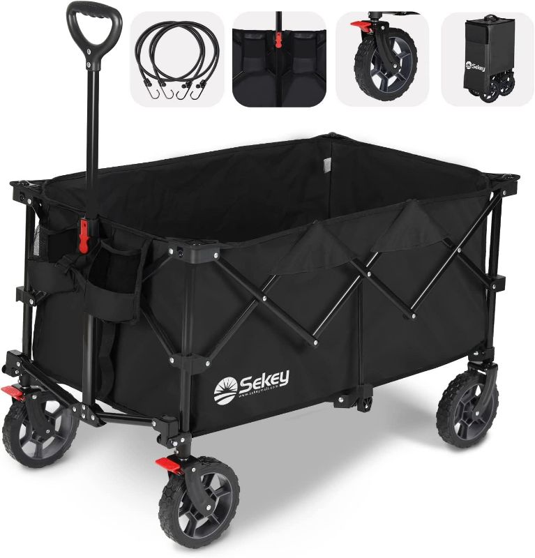 Photo 1 of Sekey 220L Collapsible Foldable Wagon with 330lbs Weight Capacity, Heavy Duty Folding Wagon Cart with Big All-Terrain Wheels & Drink Holders (Black) 2 Wheels Lock & Swivel 