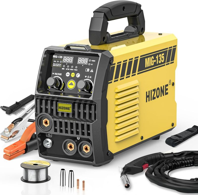 Photo 1 of HIZONE 135A MIG Welder, 110V Flux Core MIG Welder/Lift TIG/Stick 3 in 1 Welding Machine with Synergy Control, Gasless Portable IGBT Inverter Welder with Welding Wire