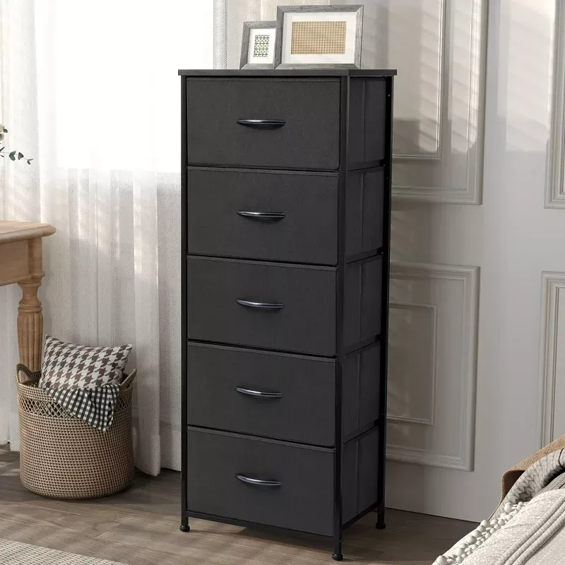 Photo 1 of Pellebant Dresser for Bedroom with 5 Drawers, Tall Dresser Vertical Storage Tower, Sturdy Metal Frame, Fabric Storage Bins with Plastic Handle and Wooden Top, Organizer Unit for Closet/Hallway, Black