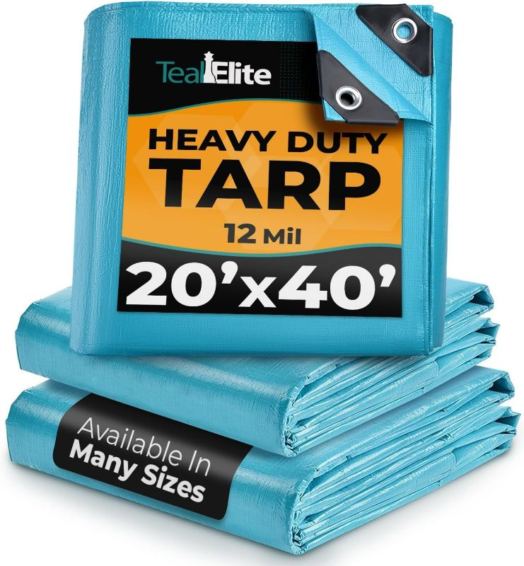 Photo 1 of 20x40 Heavy Duty Tarp Waterproof - 12mil Thick Pool Tarp Cover - 20x40 Tarp UV Resistant, Rip & Tear Proof with Metal Grommets – Blue Tarp Multipurpose Use for Camping, Tent, Boat, RV, Car