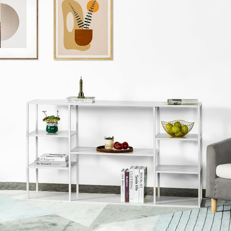 Photo 1 of 55 Inch Metal Console Table with 8 Storage Shelves,Extra Long Entryway Table,Narrow Sofa Table,Hallway Table for Entrances to Corridor, Foyer,Living Room (White, 55.12×11.81×31.5in)