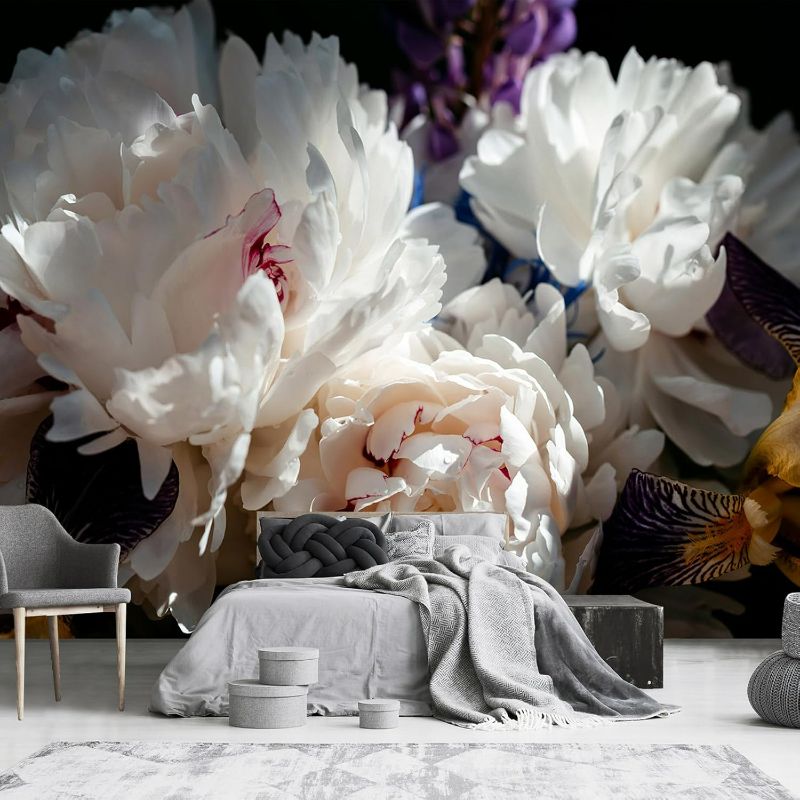 Photo 1 of White Peony Flower and Black Background Wallpaper for Bedroom Wall Decor (Not Peel and Stick)