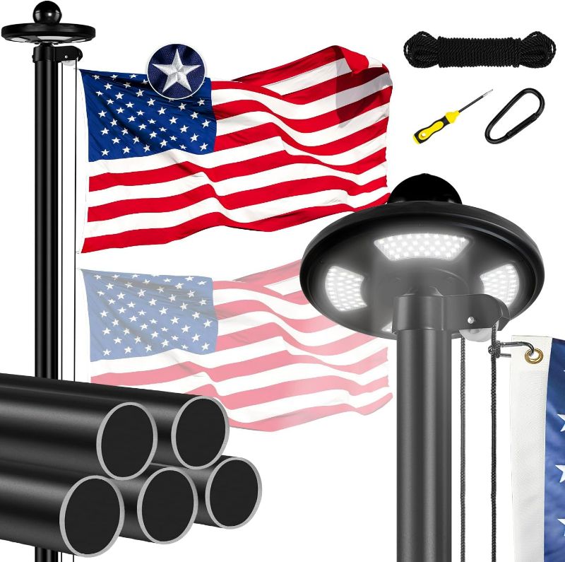 Photo 1 of Heavy Duty Flag Pole Kit with Solar Light, 20 FT 12 Gauge Aluminum in Ground Flagpole with 128 LEDs Solar Powered Set for House Outside, with Embroidered American Flag, Residential Commercial, Black