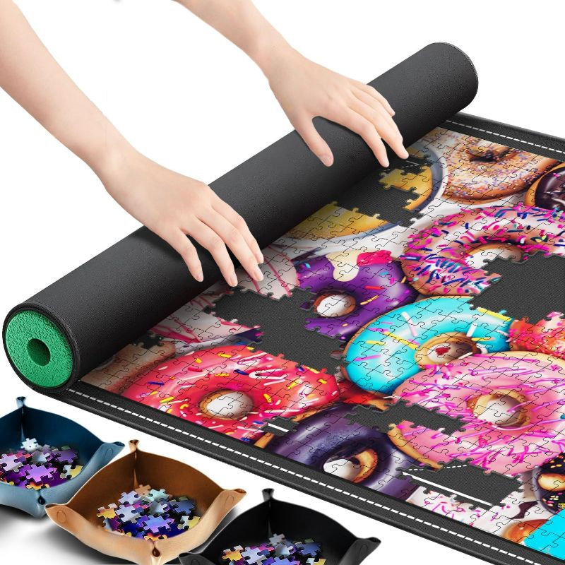 Photo 1 of Lwoeo Jigsaw Puzzle Mat Roll Up, No Creases 49.2” x 35” Rubber Saver Pad Up to 3000 Pieces, Black Large Puzzel Matte Rollup with 6 Sorting Trays & 1 Storage Bag. Ideal for Holiday and Birthday